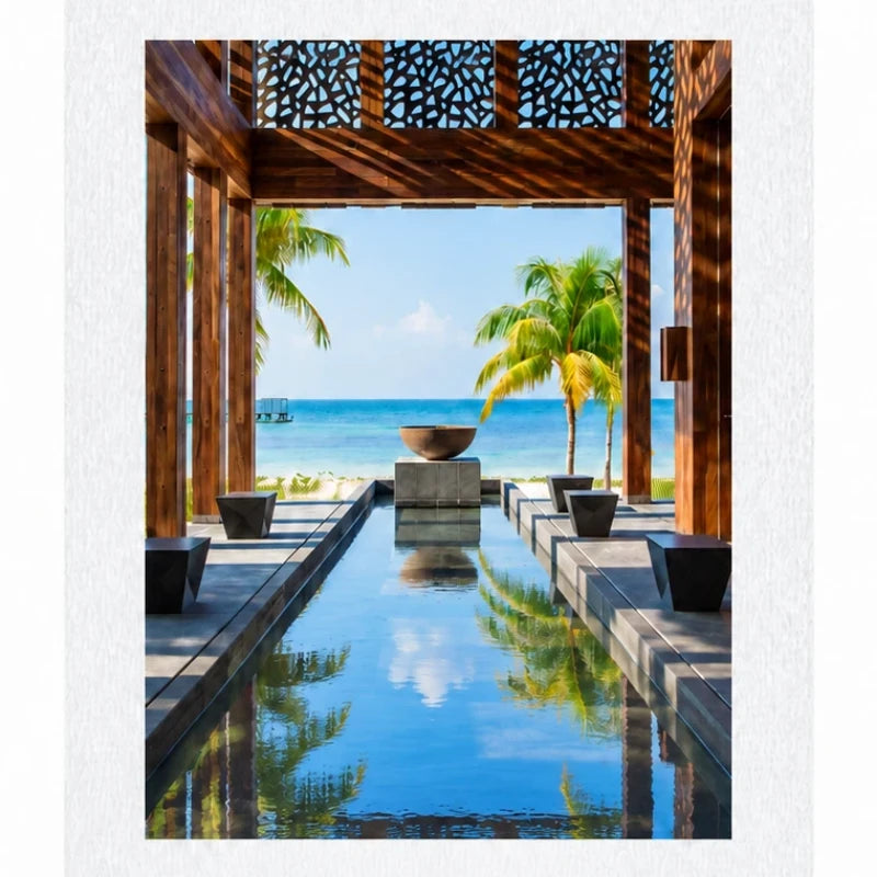 The Nizuc resort lobby with reflecting pool and ocean view
