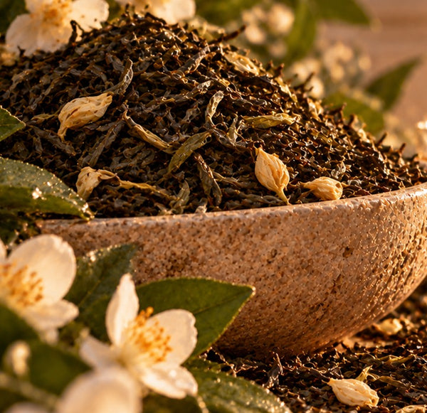 Tea leaves with delicate white flowers